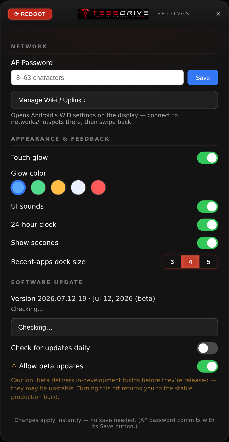 Settings panel