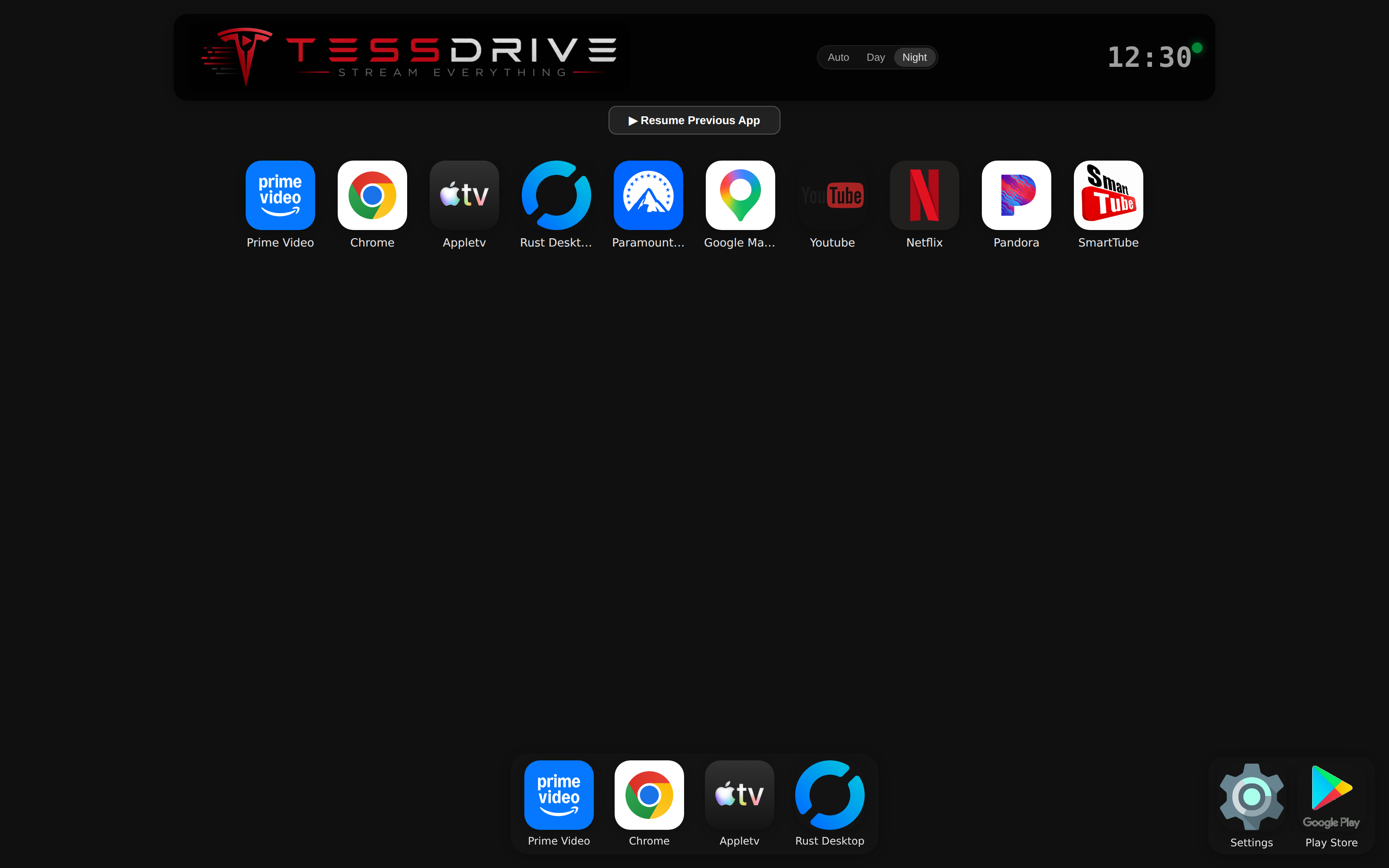 The TessDrive home screen in a Tesla browser — app grid, docks, day/night control and a live clock